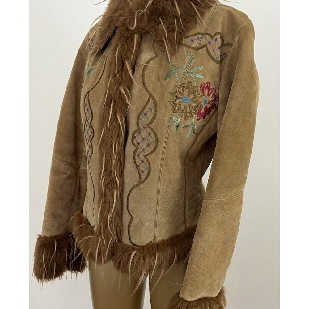 Vintage Y2K XOXO Tan Suede Jacket Faux Fur Trim Embroidered Flowers Women's M - Picture 8 of 16